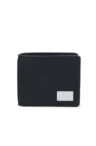 Leather bi-fold wallet with metal logo plaque