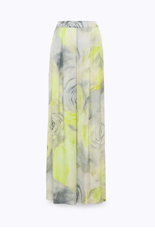 Wide-leg rose-print satin trousers
