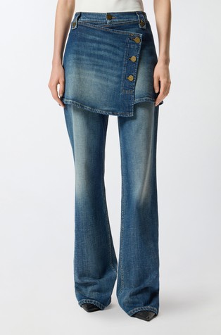 Flared jeans with removable miniskirt