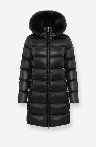 Duga jakna punjena paperjem s kapuljačom i krznenim obrubom