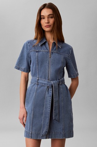 Kratka denim košulja-haljina s trakom za vezanje