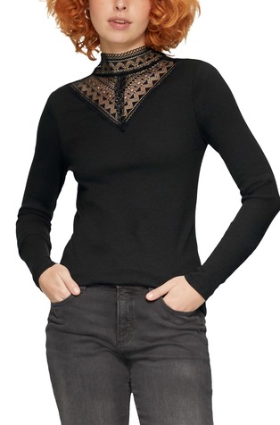 Rebrasta majica s čipkastim umetkom i uzdignutim ovratnikom
