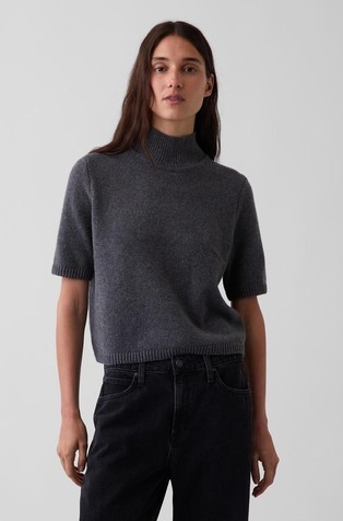 CashSoft Mockneck Elbow-Sleeve Sweater