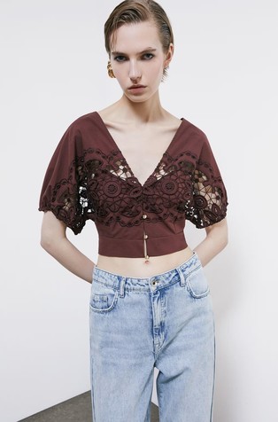 Cropped bluza od pamučnog muslina s cvjetnim vezom