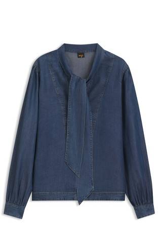 Denim-look blouse with scarf detail