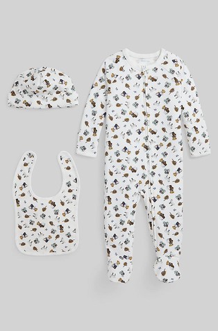 Polo Bear poklon komplet - pamučni kombinezon, kapa i podbradnik