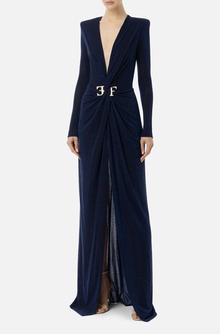 Red carpet dress in lurex jersey with knot and logo accessory