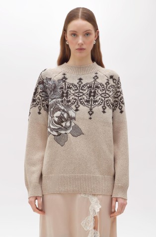 Pleten vuneni pulover sa žakard uzorkom i čipkom