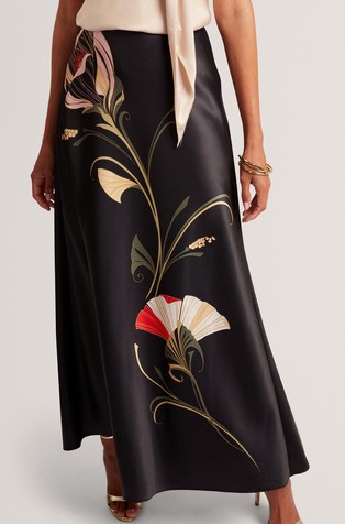 Floral Graphic Satin Bias Maxi Skirt