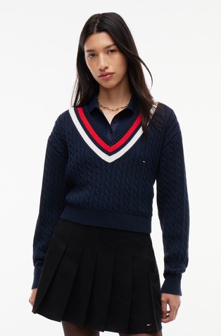 Cropped pleten pulover s V-izrezom i uzorkom lanca