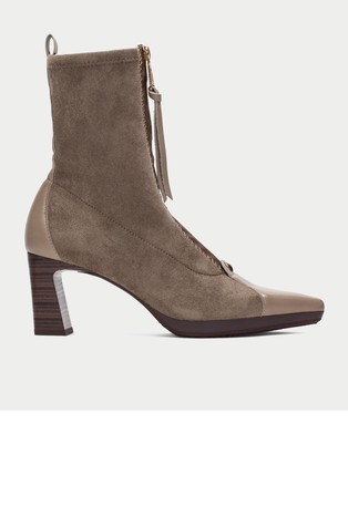 Suede-effect heeled ankle boots with leather inserts