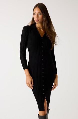Rib-knit dress with polo collar