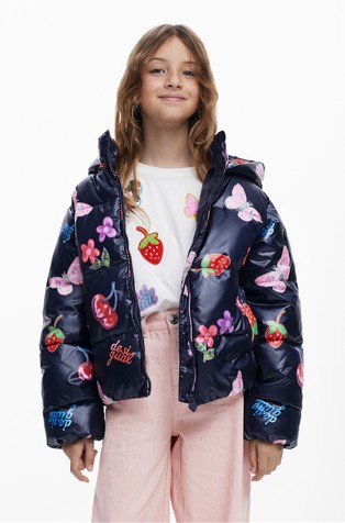 Prošivena jakna s kapuljačom i kolažom printova