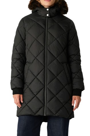 Prošivena duga jakna s uklonjivim umjetnim krznom