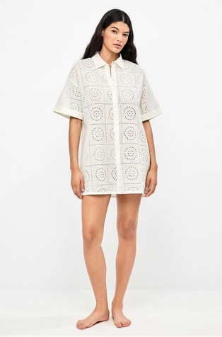 Cotton shirt dress with perforated embroideries