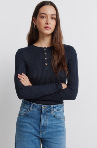 Rebrasta majica s dolgim rukavima in gumbima