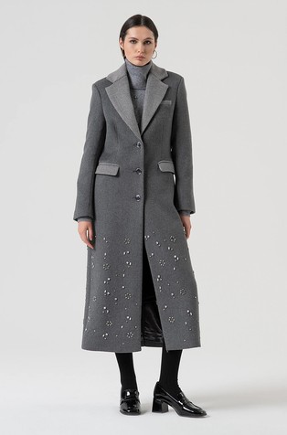 Dugi kaput od mješavine vune s ukrasnim kamenčićima