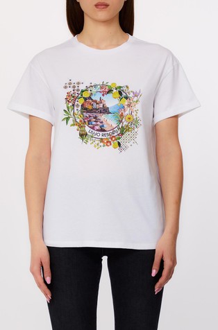 Printed cotton T-shirt with rhinestones