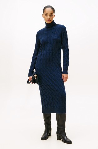 Midi pletena vunena haljina s visokim ovratnikom