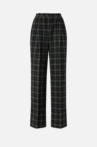 Long check trousers with straps on back