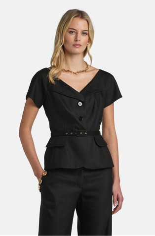 Linen-viscose blend short-sleeved blazer with belt