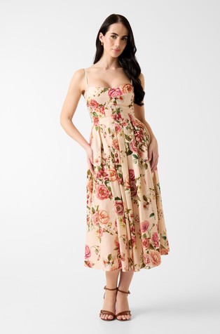 Floral print dress in linen and viscose