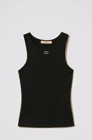 Pripijena rebrasta majica bez rukava s ovalnim T logotipom