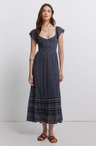 Printed wide neck midi dress