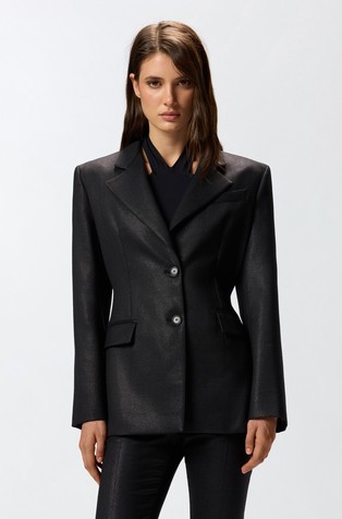 Sako s metalno svjetlucavim vlaknima i remenčićem straga