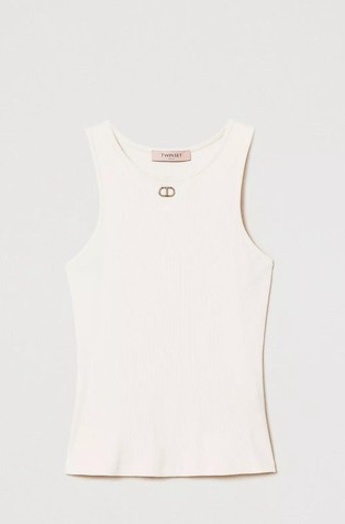 Pripijena rebrasta majica bez rukava s ovalnim T logotipom