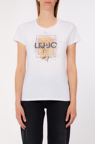 Printed cotton T-shirt with rhinestones