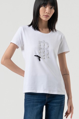 Regular fit logo majica s ukrasnim kamenčićima i perlama