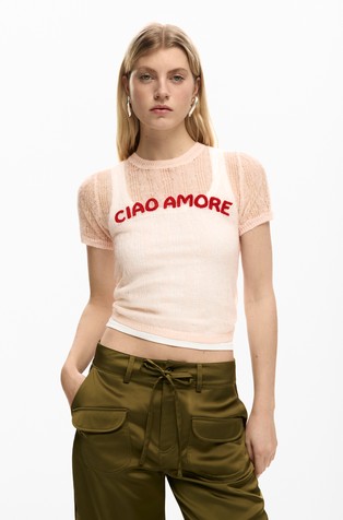 Sheer knit T-shirt with lettering