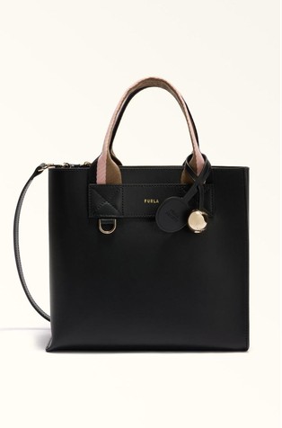 Manja kožna tote torbica s prugastim ručkama