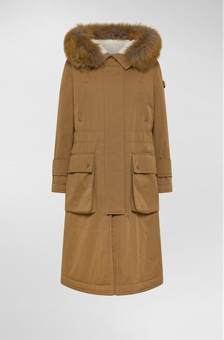 Duga jakna s kapuljačom i obrubom od lisičjeg krzna