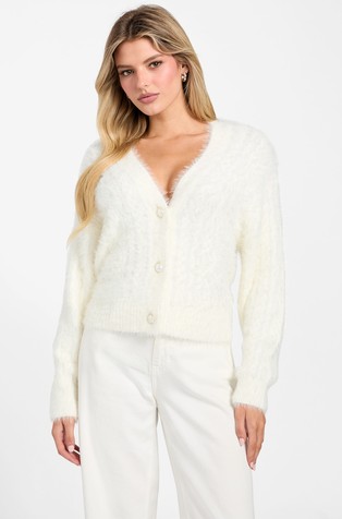 Fuzzy cable-knit cardigan