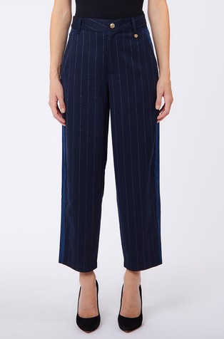 Pinstriped pants with denim inserts
