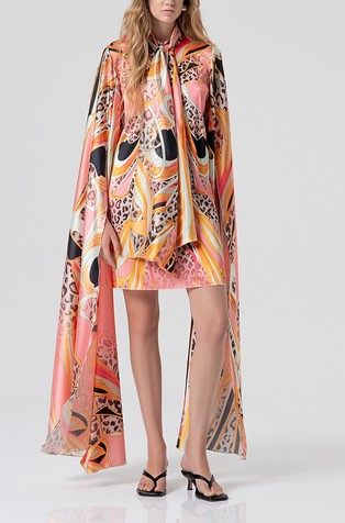 Mini dress A-style made in satin with conceptual pattern