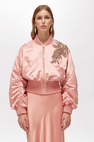 Cropped duchesse bomber jacket with embroidery