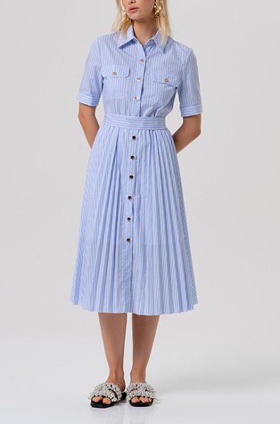 Chemisier dress middle length made in striped popeline with plissè skirt