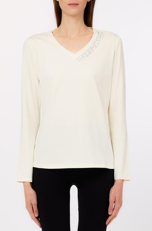 Cotton long-sleeved top with rhinestones