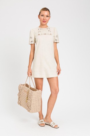 Short linen blend dress with embroidery