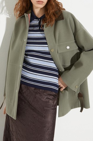 Double-woven wool shacket with leather details