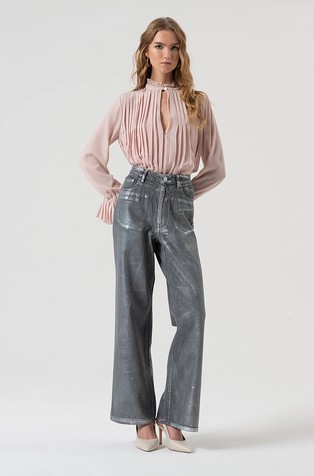 Svjetlucave voštane pamučne jeans hlače sa širokim nogavicama