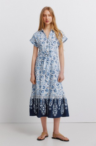 Printed linen blend shirt dress