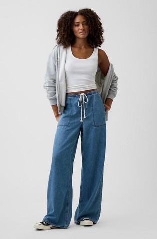 Ženske široke jeans hlače s elastičnim obrubom