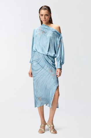 Satin midi dress with placed jewel print