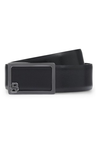 Leather belt with logo buckle