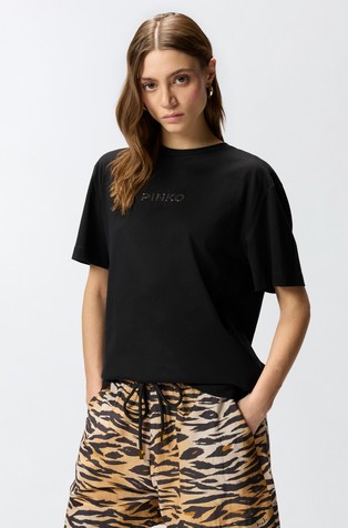 T-shirt with large rhinestoned slogan on back