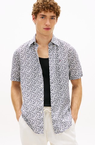 Tropical-print Short-sleeved Linen Shirt